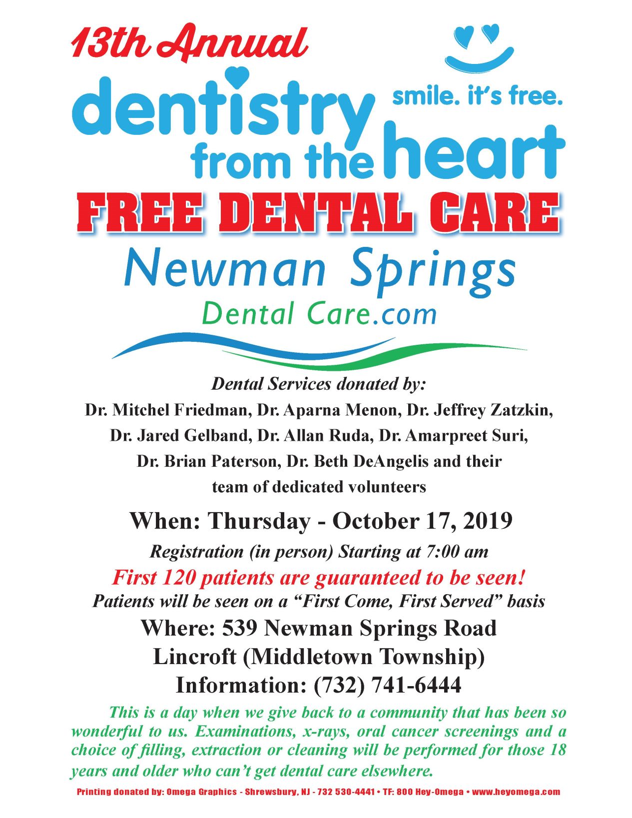 Free dental care at Lincroft practice on Thursday, October 17th! Dentistry From The Heart, Newman Springs Dental Care’s 13th Annual Free Day of Dentistry