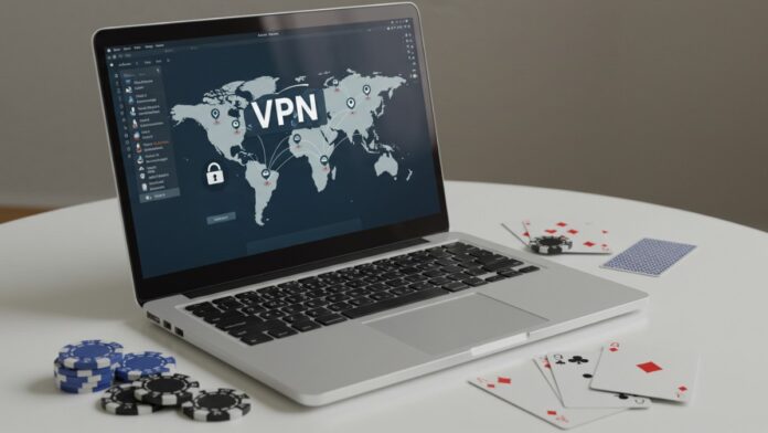 Traveler using a laptop in a European café, connected with Proton VPN for sports betting and online gambling security.